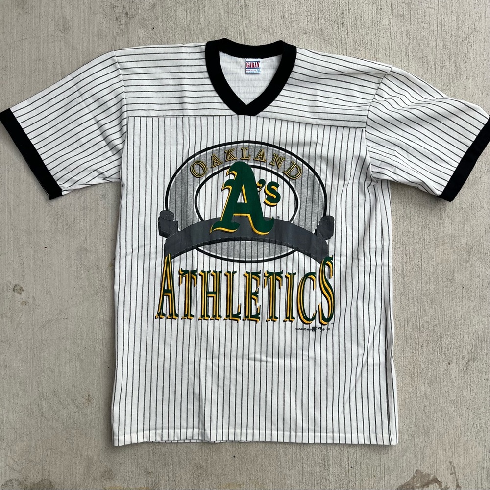 Vintage 90s Oakland Athletics Shirt Large Garan Pinstripe MLB Jersey Made USA